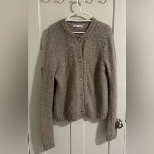 Zara Cream Cardigan Sweater with Ribbed Knit Texture